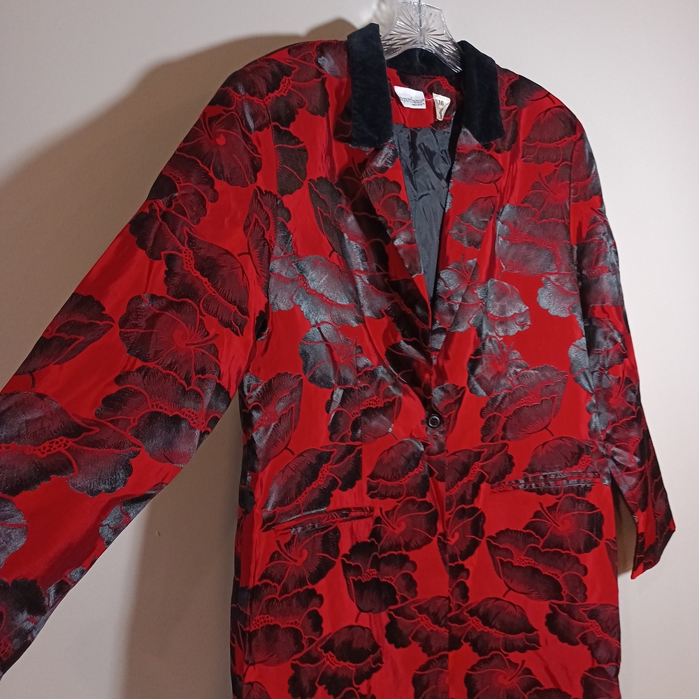 Newport News Vintage Floral Red and Black Women's Blazer Smoking Jacket Size XL - Picture 3 of 8
